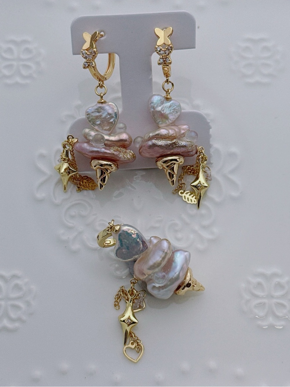 26X390 Handmade Freshwater Baroque Pearl Ice cream Cones Earrings Pendant Set